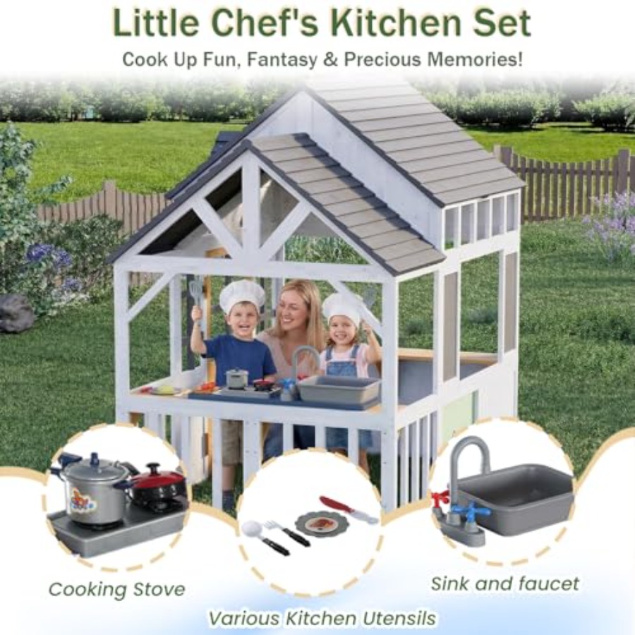 Casa de Juegos de Madera para  - Kids Outdoor House With Kitchen reseña y precio